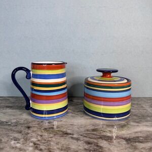 Living Art Casablanca Hand Painted Striped Creamer and Sugar Bowl Set Multicolor